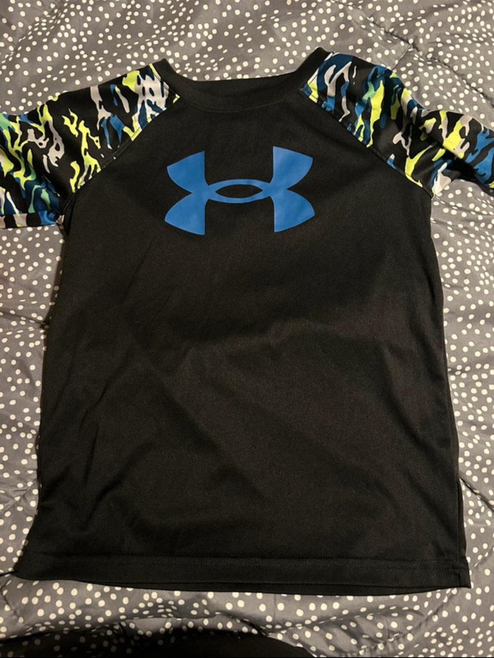 Under Armour Black Tee with Blue Logo and Multicolor Camo Raglan Sleeves